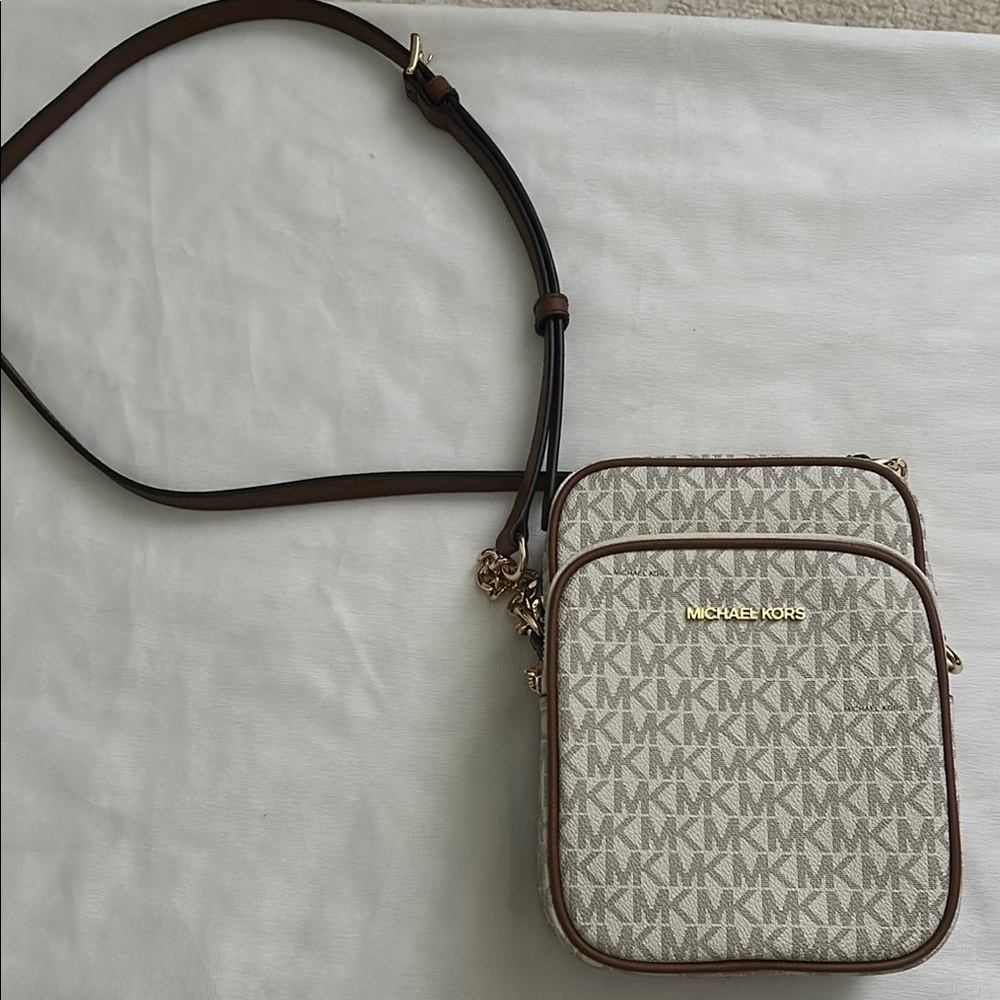 Michael Kors Cream and Brown Logo Crossbody